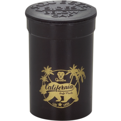 Frasco preto com tampa e etiqueta dourada com tema California
