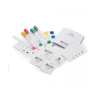 Conjunto de testes químicos com tubos de ensaio e saquetas com instruções