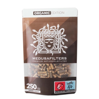 Embalagem de filtros orgânicos Medusafilters castanhos e brancos com design e texto