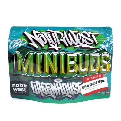 Embalagem verde de plástico com texto NaturWest Mini Buds Greenhouse e rótulo ROYAL CHEESE 20grs.