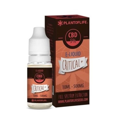 Frasco e embalagem E-LIQUID CRITICAL+ CBD 5%, 10ML - 500MG PLANTOFLIFE em castanho e laranja