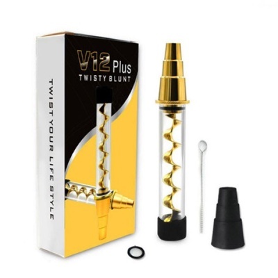 Conjunto V12 Plus Twisty Blunt com tubo transparente e espiral dourada com acessórios e embalagem.