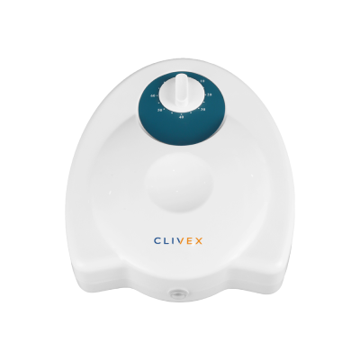 Temporizador mecânico branco com mostrador azul e logo CLIVEX