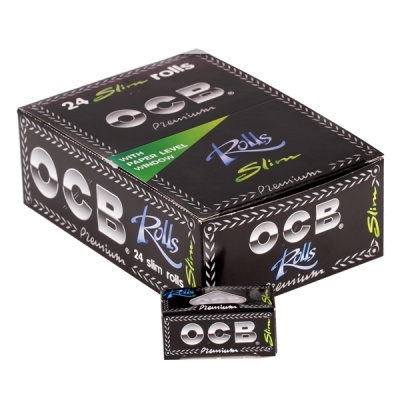 Embalagem preta de papel de seda OCB Premium Rolls Slim com texto e padrões coloridos.