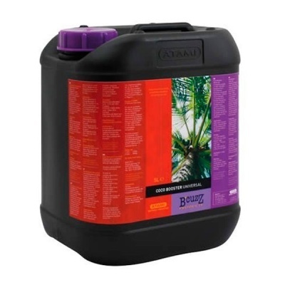 Recipiente plástico preto com tampa roxa e rótulo colorido de fertilizante Coco Booster Universal