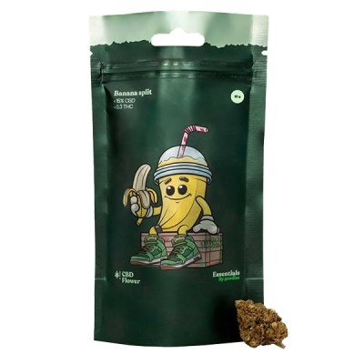 Embalagem preta para flor CBD Banana split com desenho de banana animada e flor de cânhamo