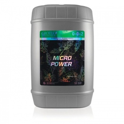 Frasco cinza com etiqueta preta e colorida do produto MICRO POWER da GROTEX