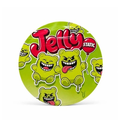 Embalagem redonda verde com pandas amarelos e texto Jelly Static