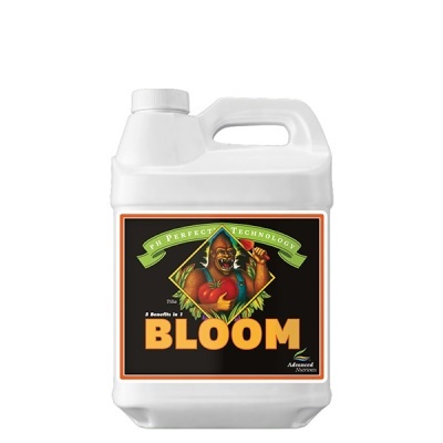 Recipiente plástico branco com rótulo preto e detalhes coloridos com texto BLOOM