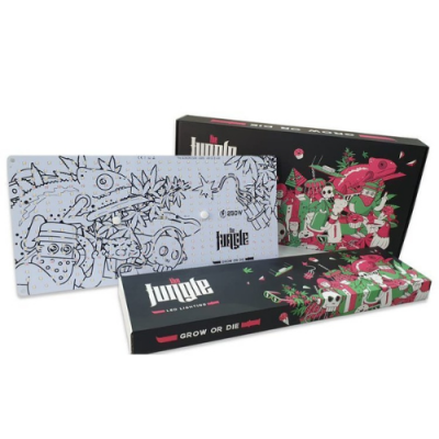 Três caixas retangulares com design gráfico colorido e textos 'jungle' e 'GROW OR DIE'.