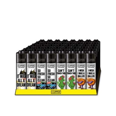 Pacote de isqueiros Clipper com textos e imagens coloridas em suporte amarelo