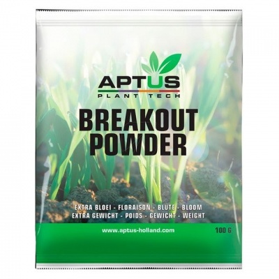Embalagem de produto APTUS Breakout Powder com imagem de plantas e texto em várias línguas
