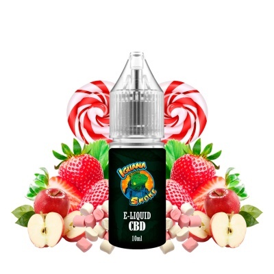 Frasco de e-líquido CBD com frutas e doces ao fundo