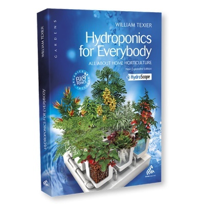 Capa de livro Hydroponics for Everybody com plantas em sistema hidropónico