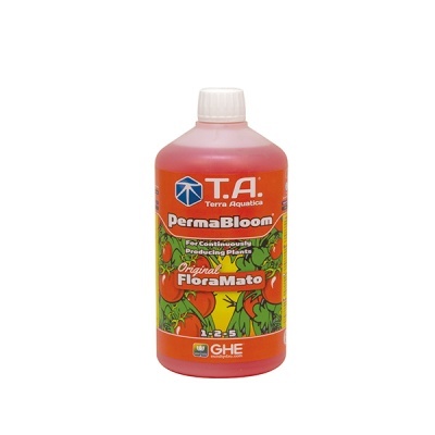 Frasco de fertilizante PermaBloom Original FloraMato com rótulo colorido e ilustração de tomates