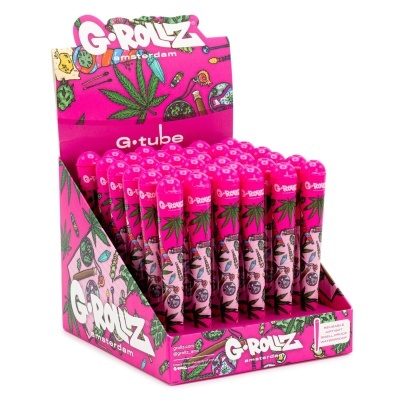 expositor com tubos reutilizáveis G-Rollz rosa decorados com folhas de cannabis
