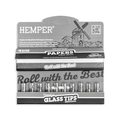 Caixa de papeis para enrolar HEMPER French White Slow Burn com 12 dicas de vidro.