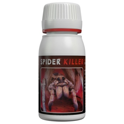 Frasco branco com rótulo SPIDER KILLER e imagem de aranha
