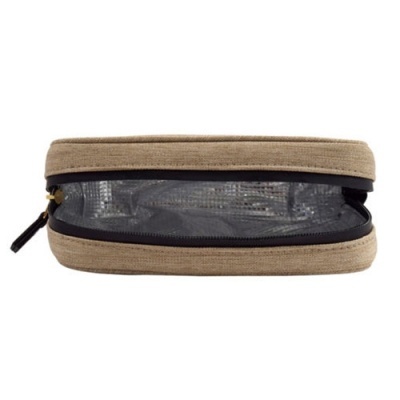 Estojo semi-aberto bege com zíper preto e interior transparente