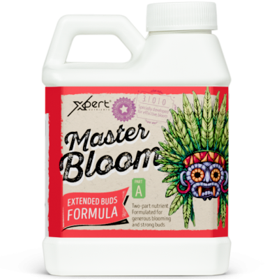 Embalagem de plástico branca de produto Master Bloom com rótulo colorido e texto