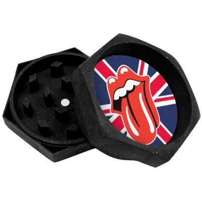 Triturador preto com imagem da língua da banda Rolling Stones e bandeira do Reino Unido
