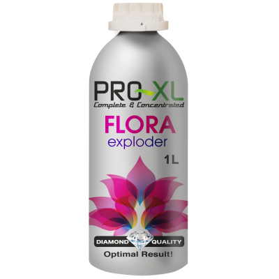 Frasco com texto PRO-XL FLORA exploder 1L e imagem estilizada de flor