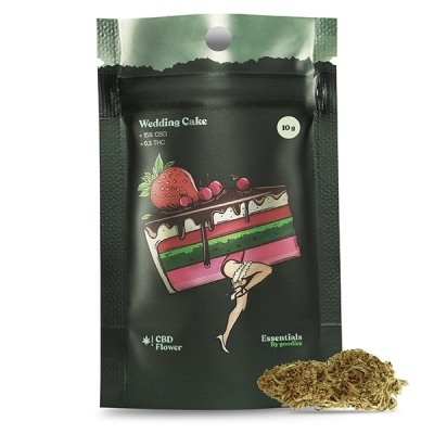 Embalagem preta de CBD com imagem de bolo e fumo seco