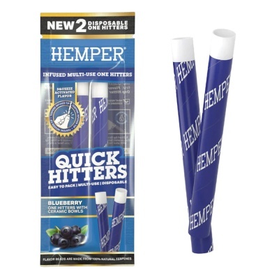 Embalagem azul e dourada QUICK HITTERS com dois tubos azuis HEMPER.