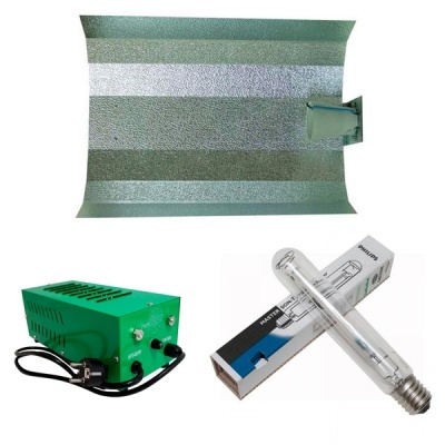 kit de iluminação com refletor metálico, caixa verde elétrica e lâmpada Philips