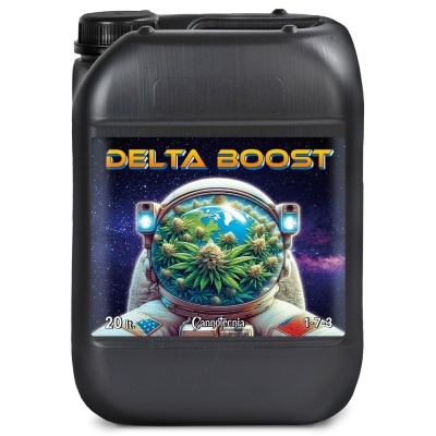 Recipiente plástico preto com rótulo astronauta e texto DELTA BOOST