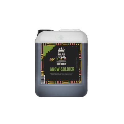 Recipiente plástico de 5 litros com rótulo estampado colorido e texto JUJU ROYAL BIOBIZZ GROW SOLDIER.