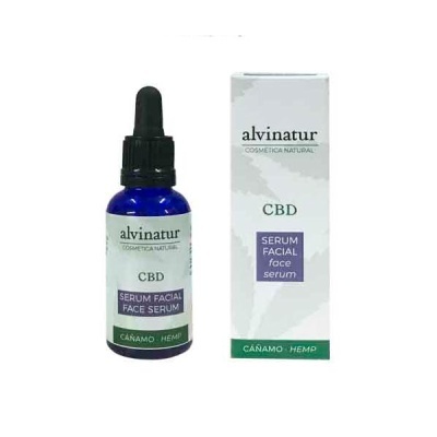 Sérum facial Alvintar CBD em frasco azul com embalagem branca