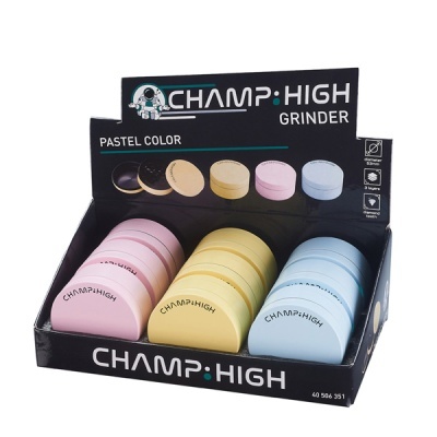 Trituradores de cores pastel rosa, amarelo e azul em expositor preto CHAMP HIGH
