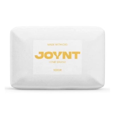 Sabão branco com etiqueta branca e texto amarelo JOYNT