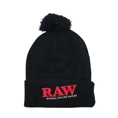 Gorro preto com bordado RAW NATURAL ROLLING PAPERS e pompom