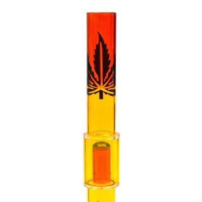 Bongo acrílico laranja e amarelo com desenho de folha de cannabis