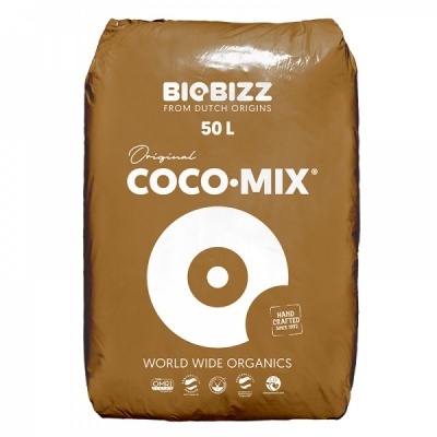 Saco castanho de substrato BIOBIZZ COCO-MIX 50L com texto branco