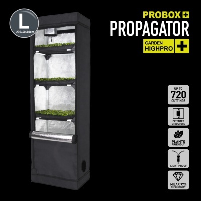 Propagador PROBOX preto com quatro prateleiras iluminadas, texto informativo e fundo preto