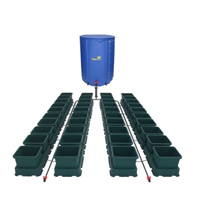 Sistema de cultivo hidropónico com vasos verdes e reservatório azul Flexi-tank