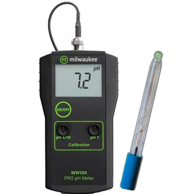 Medidor pH digital Milwaukee MW100 com eletrodo e ecrã a mostrar 7.2