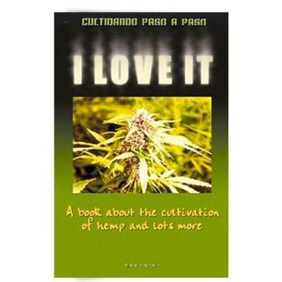 Capa de livro sobre cultivo de cânhamo com imagem de planta e texto em inglês e espanhol