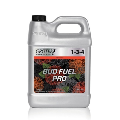 Recipiente cinzento com etiqueta colorida Bud Fuel Pro e tampa preta