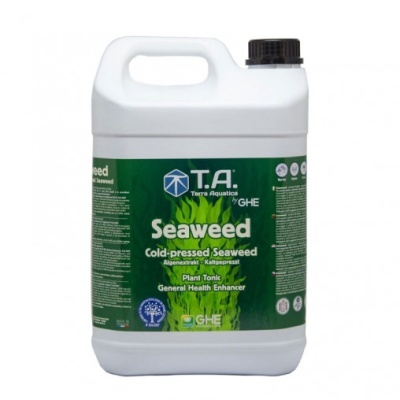 Bidão de Seaweed cold-pressed para plantas com rótulo verde