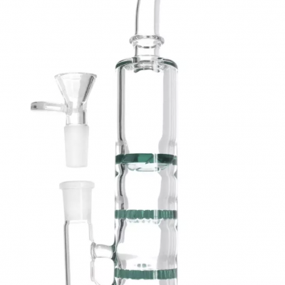 Cachimbo de vidro transparente com detalhes em verde azulado e acessórios destacáveis