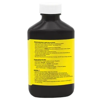 Frasco preto com tampa branca e rótulo amarelo com texto