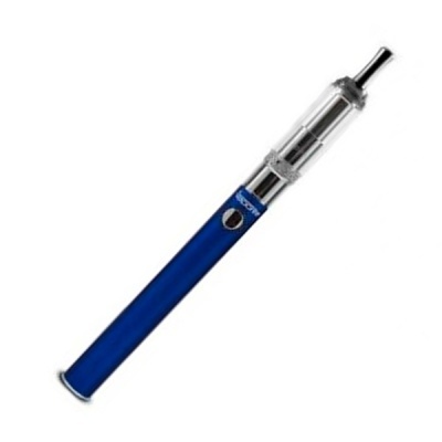 Cigarro eletrónico azul com tanque transparente e bocal preto