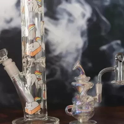 Dois cachimbos de vidro, um bong com desenhos de unicórnios e outro dab rig transparente