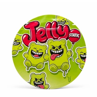 Embalagem redonda verde com o texto Jelly e desenhos de animais amarelos caricatos