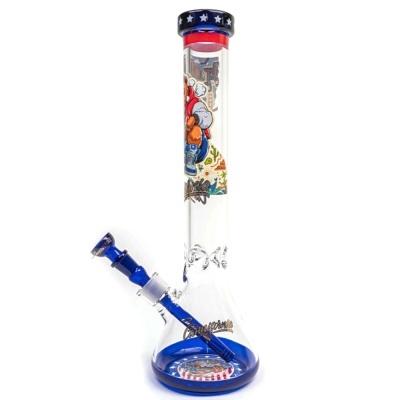 Bong de vidro transparente com detalhes azuis e decoração colorida