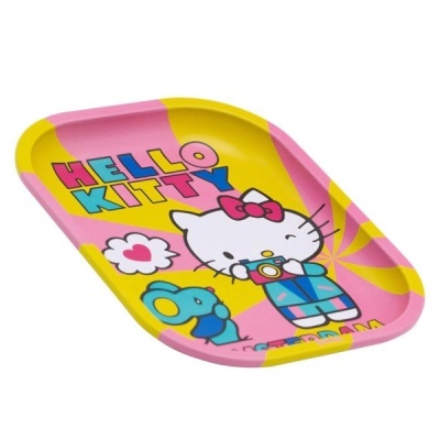 Tabuleiro rectangular Hello Kitty colorido com personagens e texto